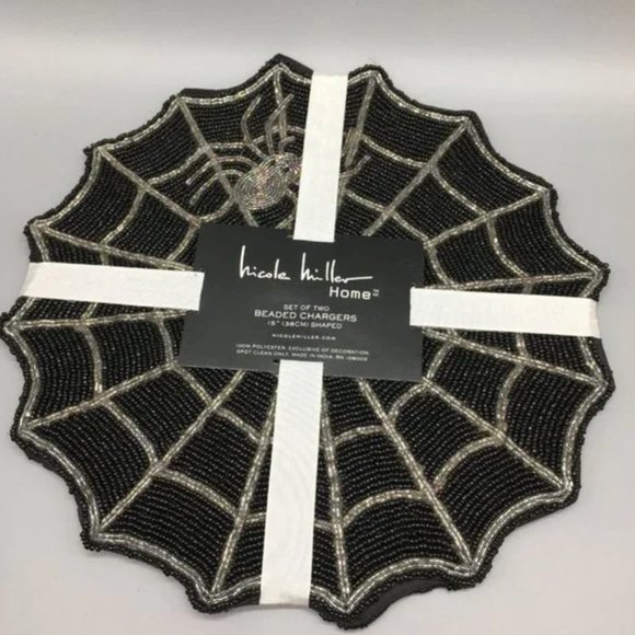 x4 Nicole Miller Halloween Silver Spider Beaded Placemat Set Spiderweb Black 15" - Picture 6 of 8